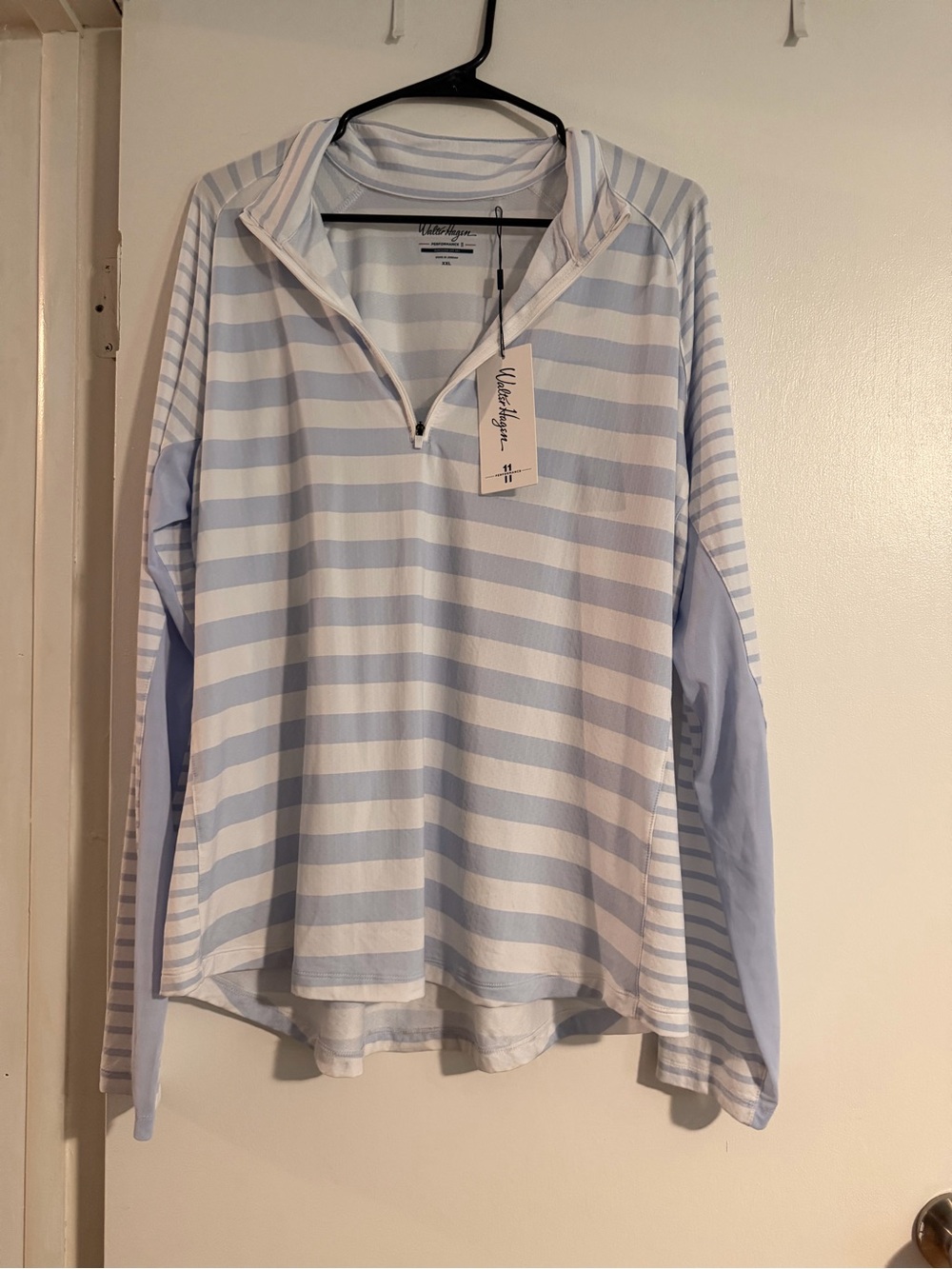 Walter Hagen Light Blue & White Striped Long Sleeve Quarter-Zip Pullover